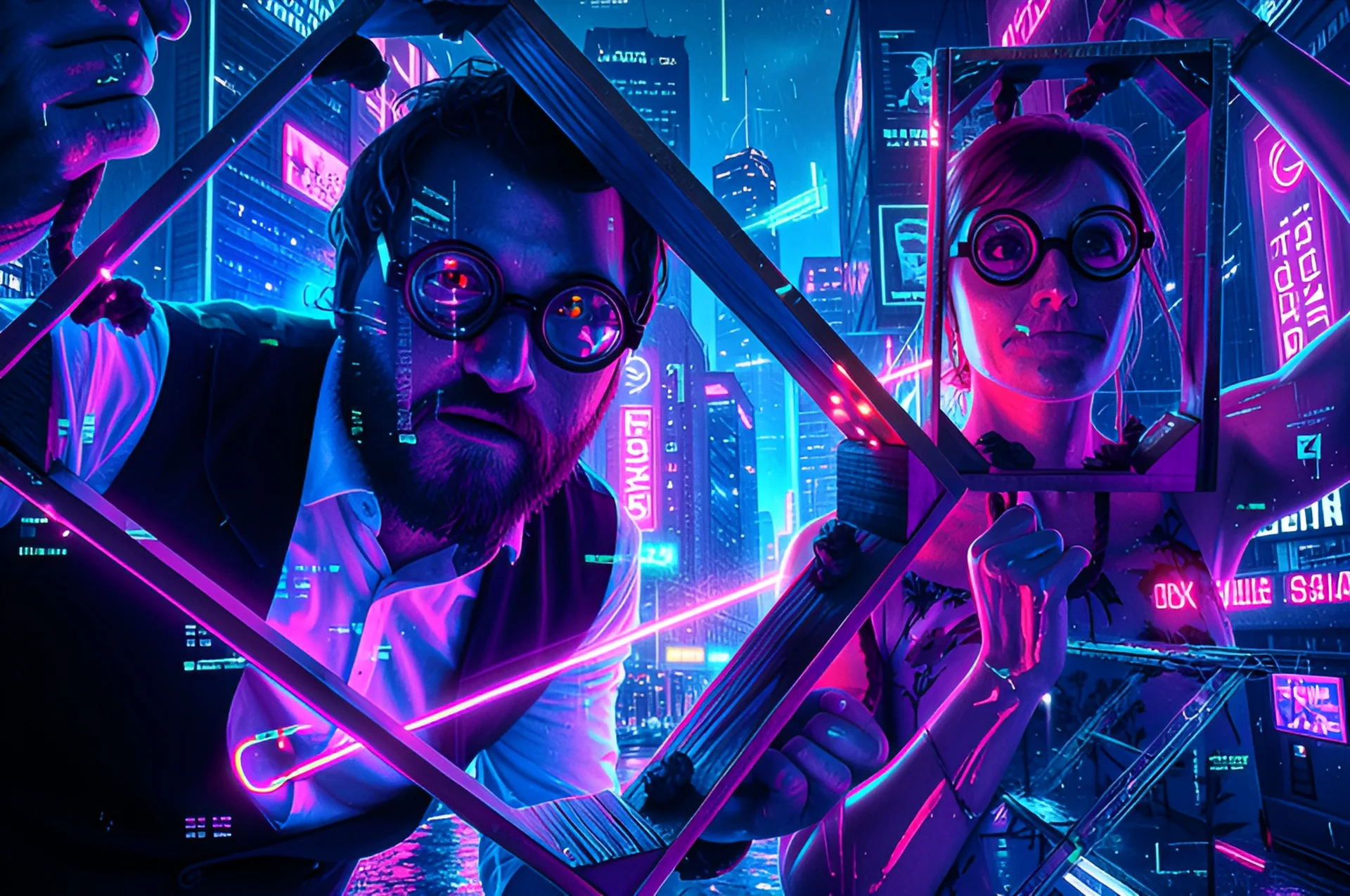 Fotobox Berlin KI Stil Cyberpunk - Team in Neonoptik