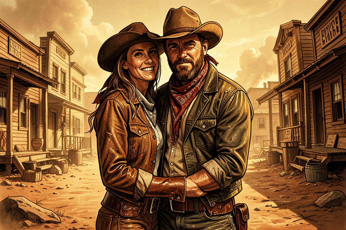 Fotobox Berlin KI Stil Western - Gäste in einer Westernstadt