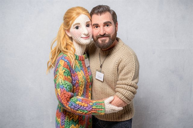 Fotobox Berlin KI Stil Wollfigur: Paar als gestrickte Wollfiguren - offensichtlich kein echtes Foto